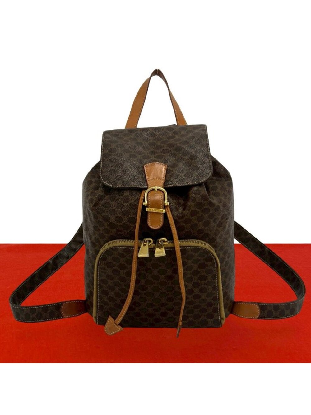Celine Vintage Macadam Blason Pattern Leather Backpack Brown